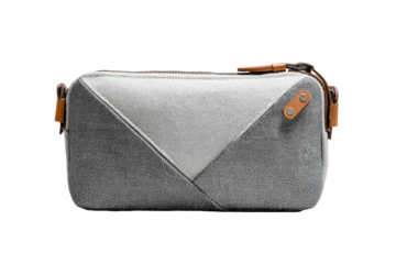 Gray and white fabric crossbody bag with tan accents