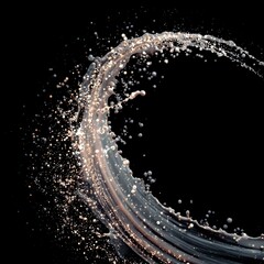 Close-up of splashing liquid with small glowing particles on a dark background for abstract fluid design and futuristic art for event