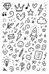 Hand-drawn Doodle Vector Collection Featuring a Wide Variety of Expressive Elements, Illustrated in a Playful Sketch Style with Clean Black Outlines, Isolated on White Background

