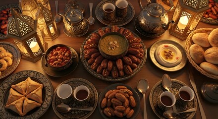 Fototapeta premium Traditional Middle Eastern Iftar Feast: Dates, Savory Dishes, Ornate Lanterns, and Beverages on a Festive Dinner Table