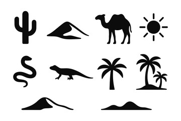 Fototapeta premium Desert silhouette icons: cactus, camel, sand dunes, sun, and palms