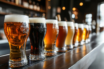 row of dark and light glasses of beer on the table