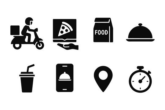 Silhouette icons depicting food delivery and takeout services