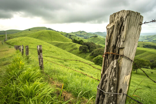 Weathered wooden fence post on green hills under cloudy sky