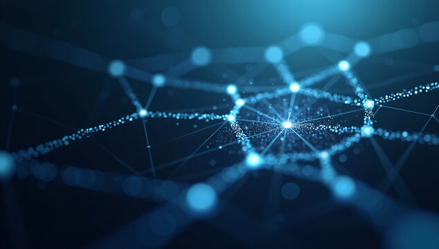 Abstract visualization of data protection featuring interlocking geometric shapes and glowing lines forming a secure digital network, minimalist style with cool metallic gradients.