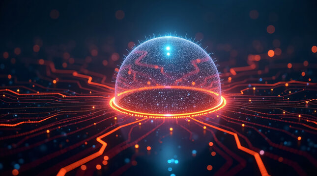 Conceptual artwork depicting glowing binary streams creating a protective dome around server infrastructure, highlighting breach prevention and advanced digital security measures.