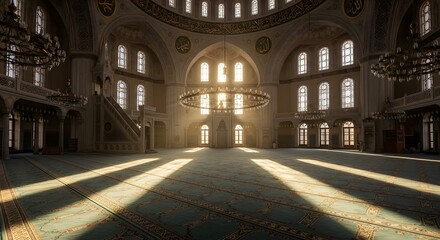 Obraz premium Majestic Mosque Interior Bathed in Golden Sunlight, Creating Dramatic Shadows on the Ornate Carpet