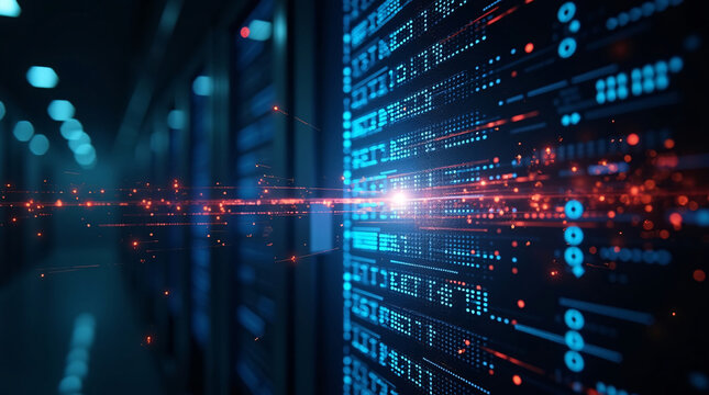 Futuristic visualization of cybersecurity with streaming binary code forming a luminous dome over a data center, cinematic lighting enhancing motion, protection, and tech realism.