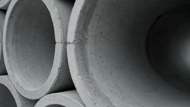 Close-Up View of Concrete Pipes Stacked in Industrial Setting