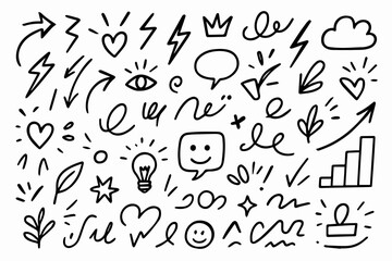 Hand-drawn Doodle Vector Set of Decorative Sketch Elements, Designed in a Playful Ink-Pen Doodle Style with Clean Black Outlines, Isolated on White Background
