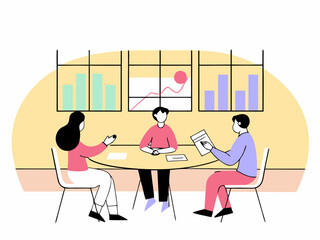 Professionals in casual attire debating green-energy business strategy vector illustration.