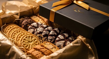 Gourmet Assorted Cookies & Biscuits in Elegant Black Gift Box with Gold Ribbon