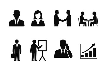 Business people silhouettes in professional settings and activities
