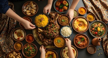 Fototapeta premium Overhead view of a lavish Middle Eastern communal feast with hands sharing traditional dishes like rice, lamb, hummus, and various salads on a dark...