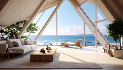 Obraz premium Peaceful A-frame cabin interior with ocean views. Comfortable minimalist sanctuary embraced by natural beauty and stunning scenery