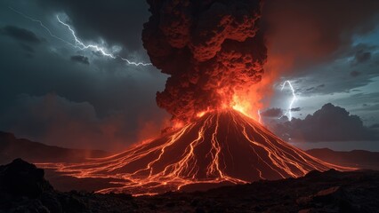 A volcano is erupting with lava in the dark