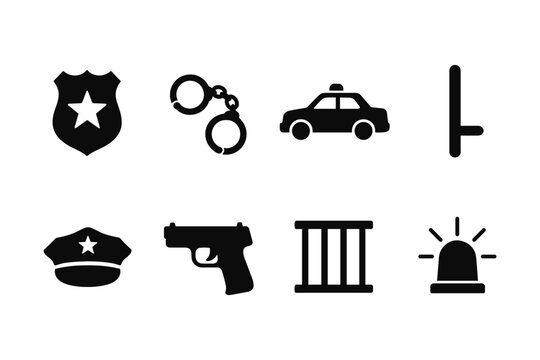 Law enforcement icons: silhouette police badge, handcuffs, patrol car, and more