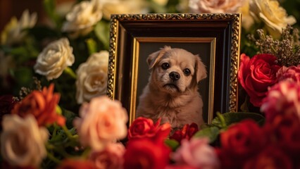 Flowers and a photo frame with a dog at a funeral