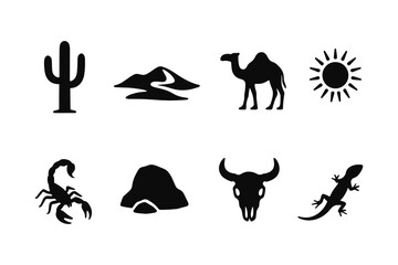 Fototapeta premium Desert icons set: cactus, camel, sun, and wildlife silhouettes