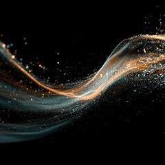 Glowing light stream with golden and turquoise particles on a black background. Abstract glitter wave for design projects or digital themes.
