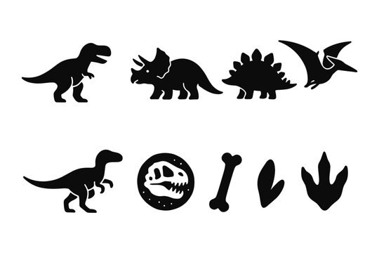 Black silhouette dinosaur icons with fossils and footprints on white background