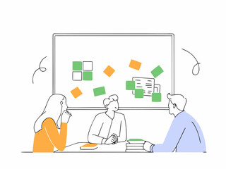 Team of professionals planning product launch with sticky-notes and whiteboard vector.