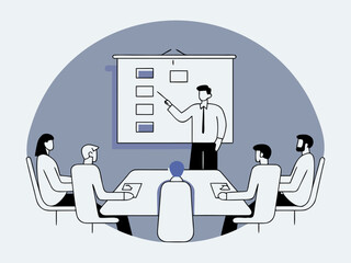 Project manager presenting Gantt chart to team in meeting room illustration.