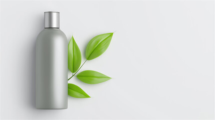 Metal bottle with green leaves on white background, symbolizing eco-friendly skincare, natural cosmetics, and sustainable packaging.