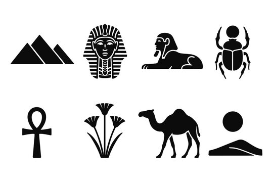 Ancient egyptian silhouette icons: pyramid, sphinx, camel, hieroglyphs, and symbols