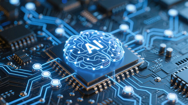 Glowing neural connections and algorithmic nodes creating a virtual brain above metallic computer hardware, expressing the power of AI systems and machine learning security analysis.