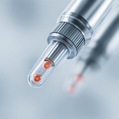 Futuristic capsule or microchip with red elements, concept of biotechnology, nanotechnology, and advanced medical science.