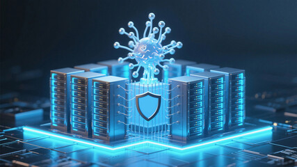 Futuristic 3D render showing AI neural network defending server infrastructure with glowing cyan lights on a dark background, symbolizing advanced digital security and tech innovation.