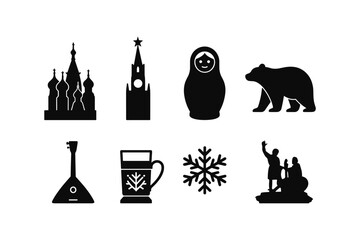 Russian culture icons set: matryoshka, kremlin, and balalaika in silhouette style