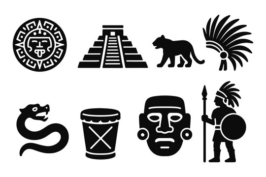 Icon set of aztec symbols and figures in bold black silhouette style