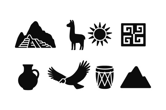 Inca symbol set: monochrome icons of andes culture and traditions