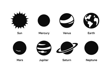 Minimalist silhouette icons of solar system planets and sun
