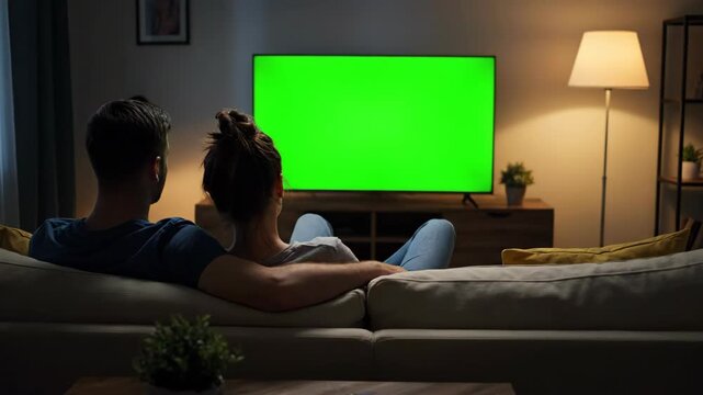 Man and woman couple watching on tv with green screen display in dark living room for entertainment at home, footage
