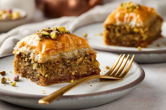 Baklava dessert with pistachios and syrup on plate