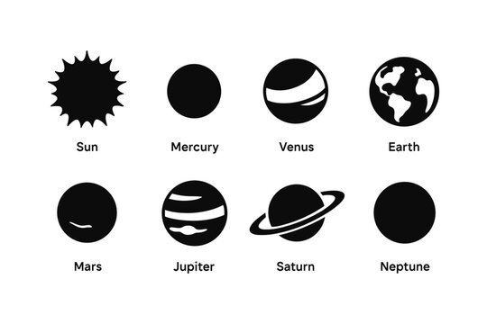 Minimalist silhouette icons of solar system planets and sun