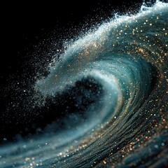 Abstract glitter wave on black background. Sparkling particles forming a dynamic ocean wave. Holiday celebration, party, or elegance concept.