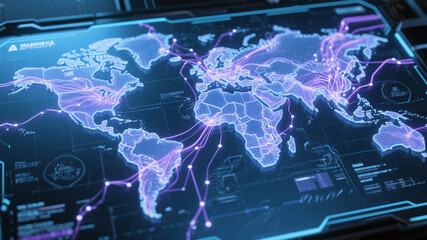 Holographic map interface showing AI-powered global cybersecurity analysis with radiant neural pathways interlinking continents and futuristic violet-blue illumination.