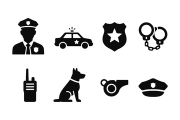 Naklejka na ściany i meble Police icon set: silhouette symbols of law enforcement tools and equipment Naklejka na ściany i meble Police icon set: silhouette symbols of law enforcement tools and equipment