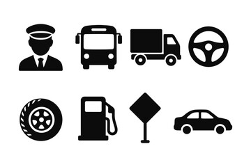 Transportation silhouettes: driver, vehicles, and road elements in black icons
