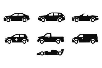 Car silhouettes collection: sedans, suvs, convertibles, electric, pickup, racing, van