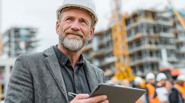 Construction Overseer: A seasoned construction worker, clad in a hard hat and blazer, reviews digital plans on a tablet amidst the bustling construction site, embodying expertise and supervision