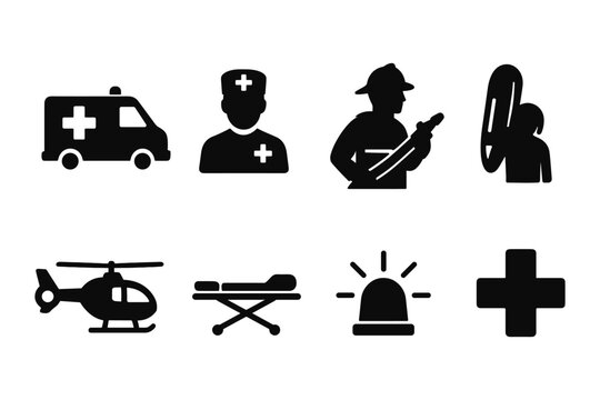 Emergency services icons: ambulance, firefighter, helicopter, medical cross, and alert symbols