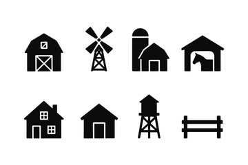 Farm icons set featuring barn, windmill, silo, horse stable, house, and water tower