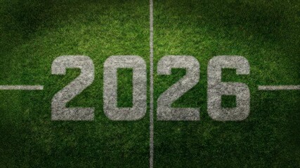 White 2026 number painted on green grass football field, top view style, centered on yard line, concept of sports event or competition - Powered by Adobe