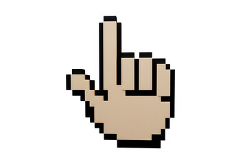 Fototapeta premium Pointing hand cursor icon, pixelated design, digital interaction, selection, and navigation symbol.