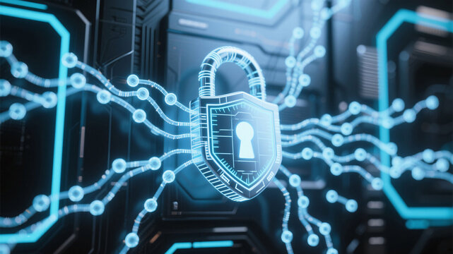 Futuristic digital lock formed from glowing neural network patterns floating in cyberspace with soft depth of field and high-contrast lighting, symbolizing autonomous AI security systems.